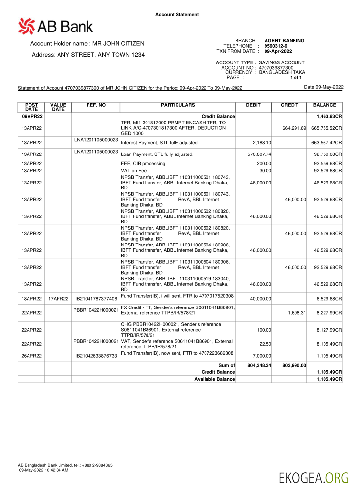 Relevé bancaire Bangladesh AB